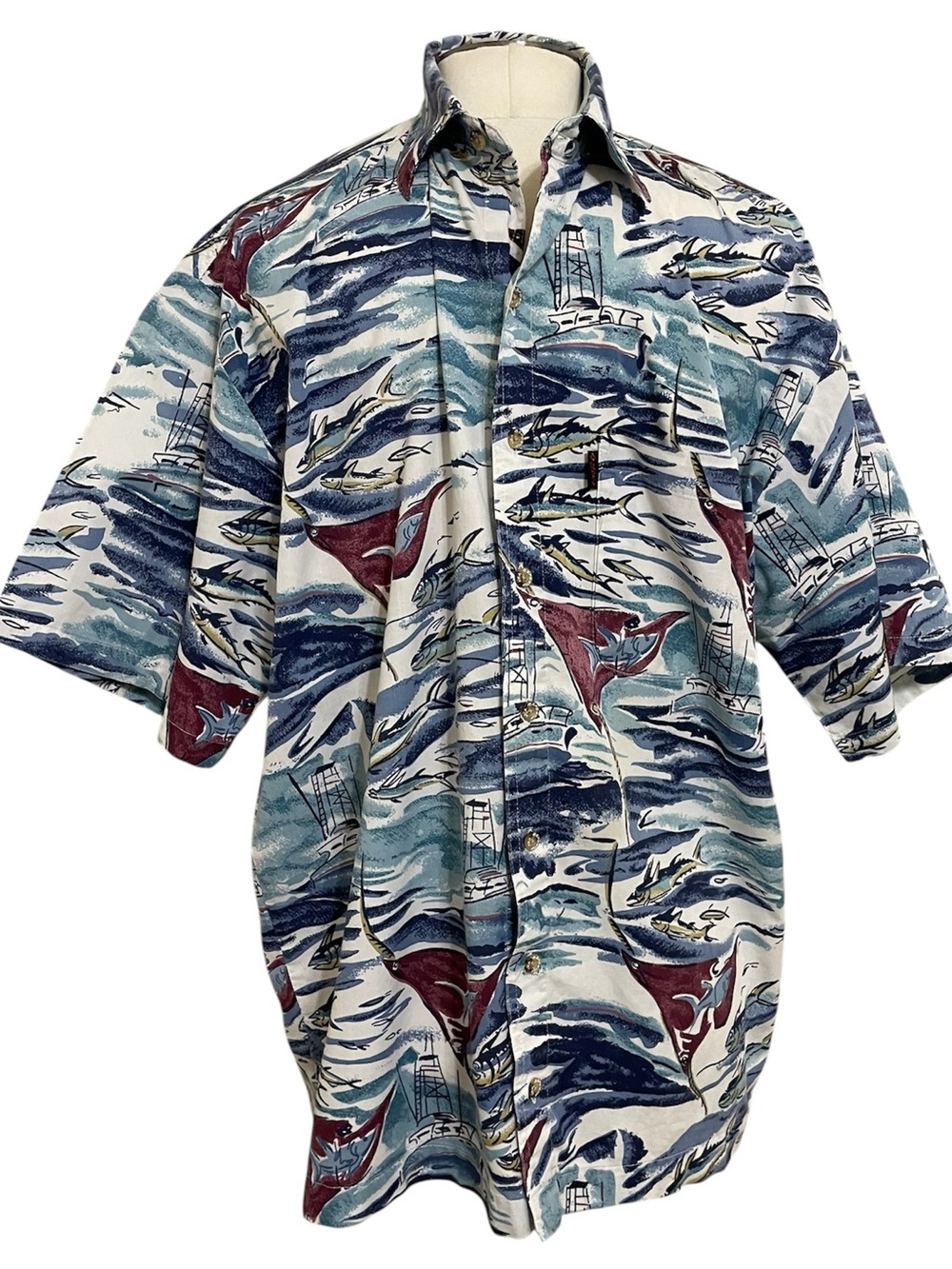 Vintage SPORTIF White Cotton Blue  Waves Fish Boat Print Short Sleeve BD Shirt